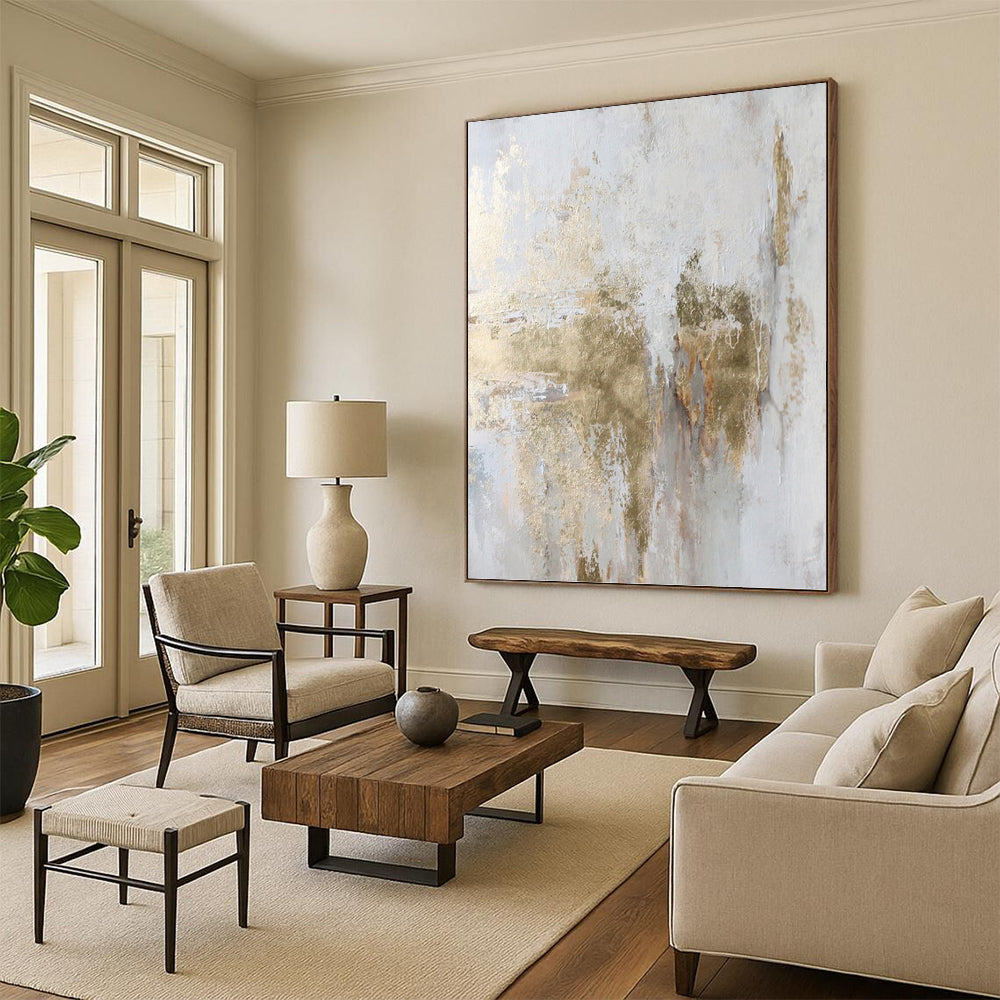 “White & Gold Abstract Textures” - White, Gold & Gray Minimalist Painting On Canvas DKH1006