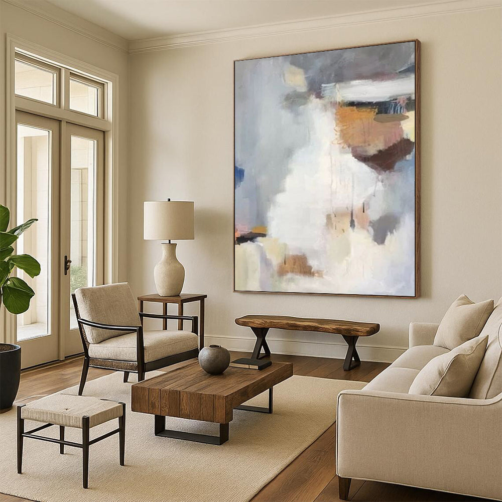 “Soft - Hued Abstract Fusion” - Gray, White & Brown Textured Painting On Canvas DKH0956