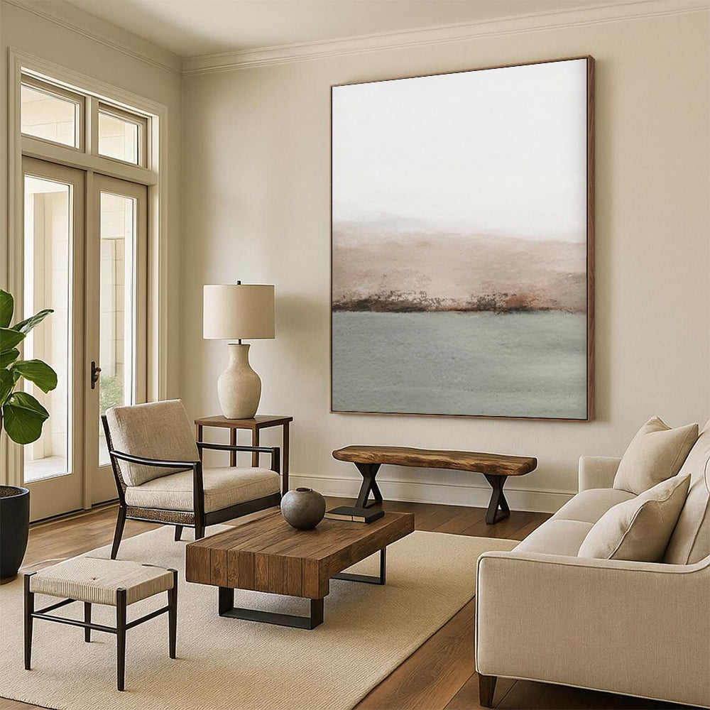 “Simple Horizon Calm” – Minimalist Watercolor Landscape with Beige, Gray, and Green Hues CT2062