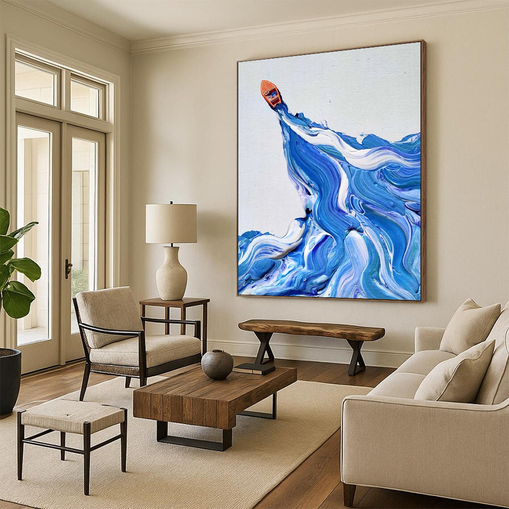 “Blue, White, Orange Boat ‘Ocean Voyage’” - Impasto Sea & Boat Painting On Canvas DTP321