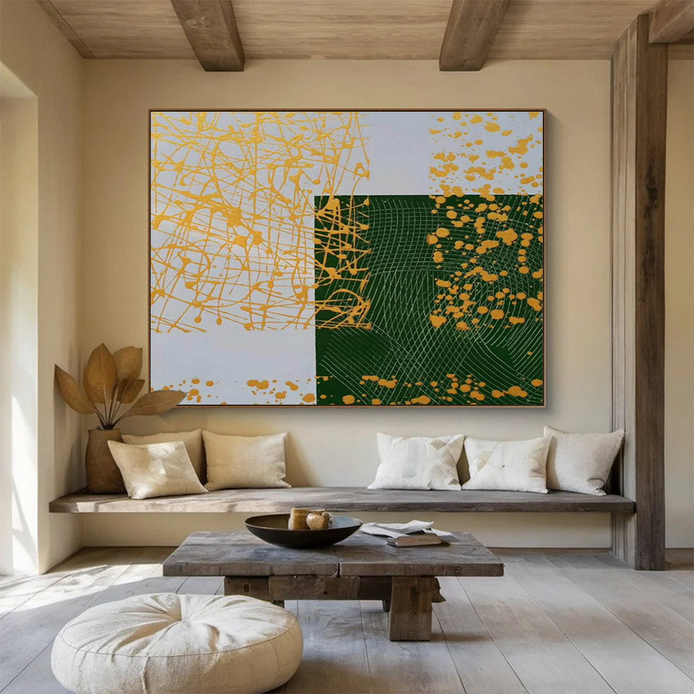 Geometric Gold and Green Abstract Painting On Canvas DKH307