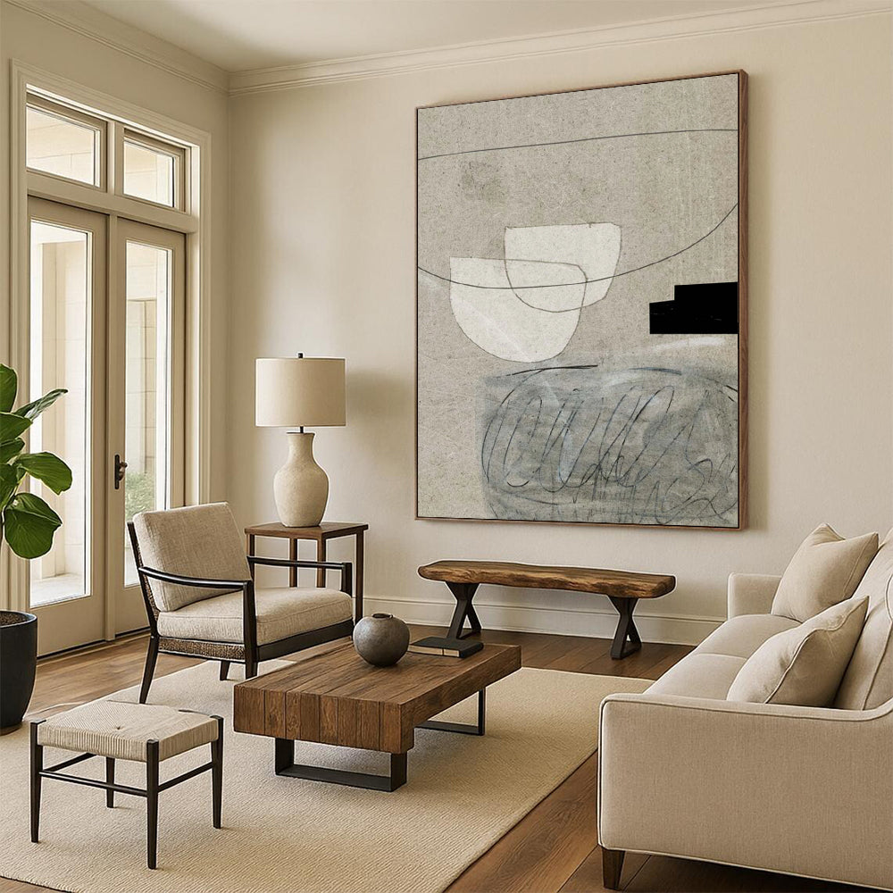 “Minimalist Paper Collage” - Beige, White, Black Mixed - Media Art On Canvas DTP238