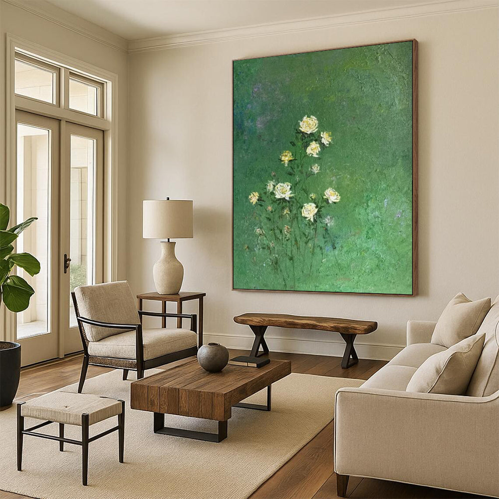 “Yellow Flowers on Green Background” - Impressionistic Floral Oil Painting CT1978