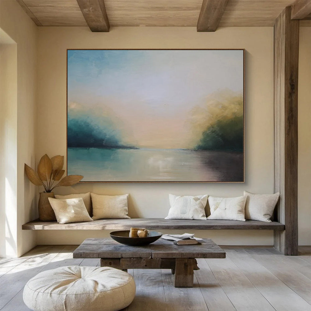 “Blue, Green, Soft - Toned ‘Tranquil River’” - Abstract Landscape Painting On Canvas DLZ014