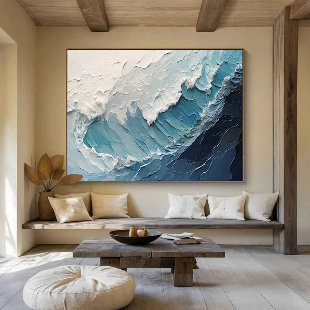 Textured Ocean Waves - Blue & White Impasto Sea Painting On Canvas DKH872