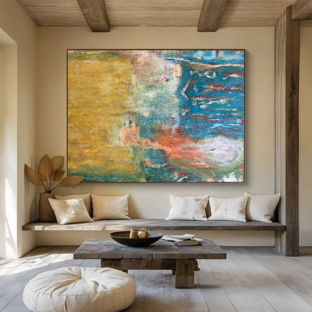 “Warm - Cool Fusion” - Yellow, Blue, Green Abstract Oil Painting On Canvas DKH721