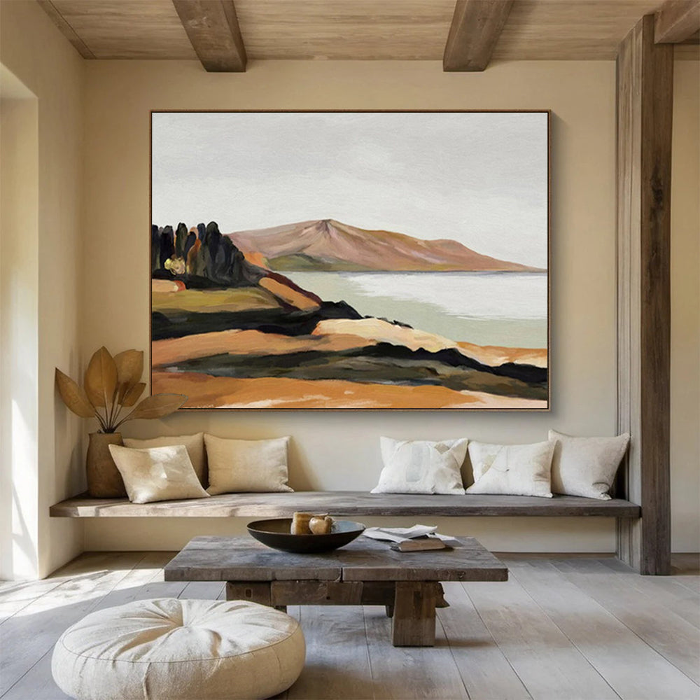 “Coastal Calm” - Brown, Green, Blue Landscape Oil Painting On Canvas DKH729