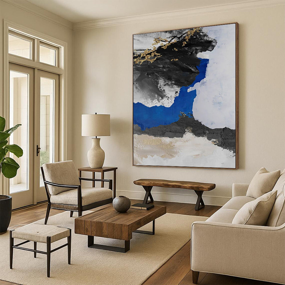 “Black - Blue - Gold Abstract Ink - Inspired” Painting On Canvas DKH1231
