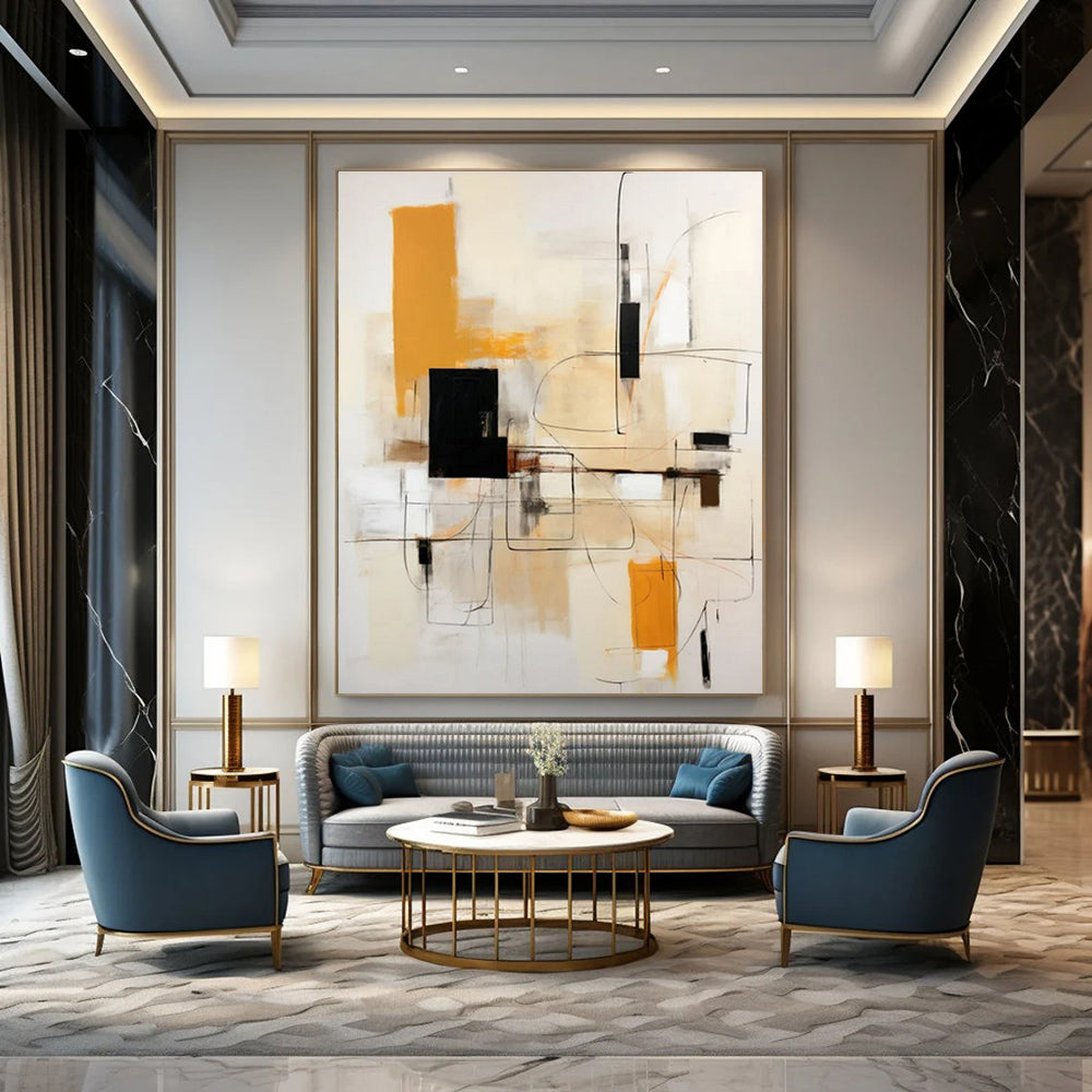 Beige, Orange, Black & White Geometric Abstraction - "Linear Harmony" - Abstract Acrylic Painting CT1461