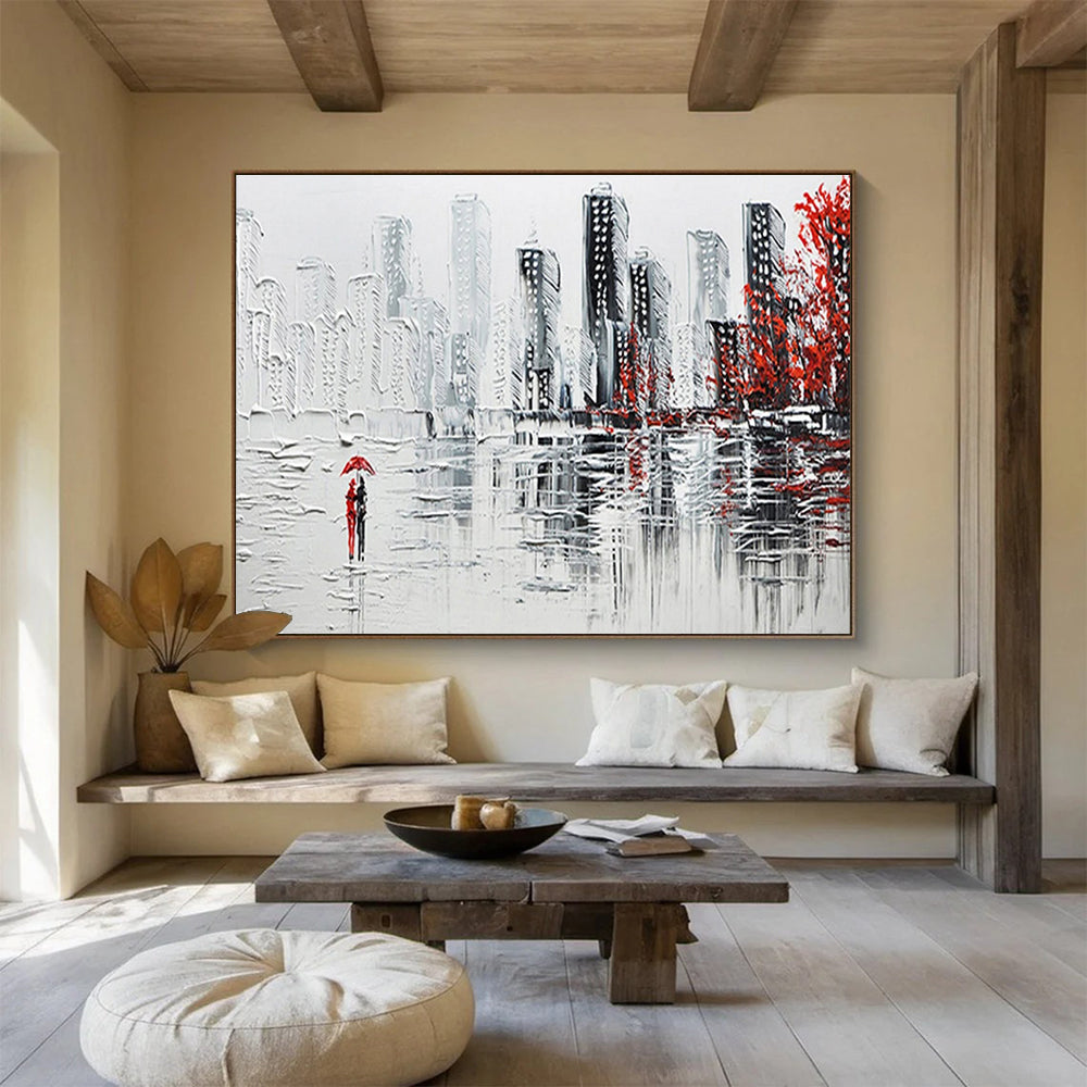 Cityscape with Red Accents - Gray, White & Red Urban Painting On Canvas DKH886