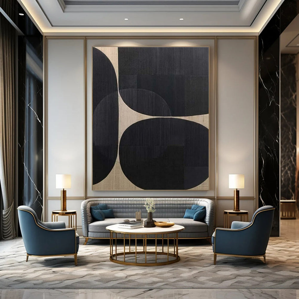 Black Circles on Beige - "Geometric Rhythm" - Abstract Minimalist Painting CT1474