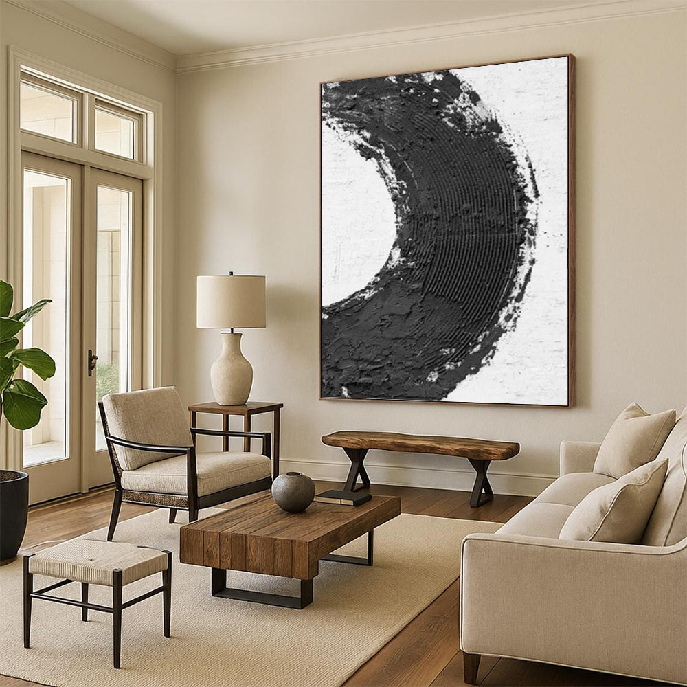 “Bold Black - White Circle” - Minimalist Textured Painting On Canvas DKH1675