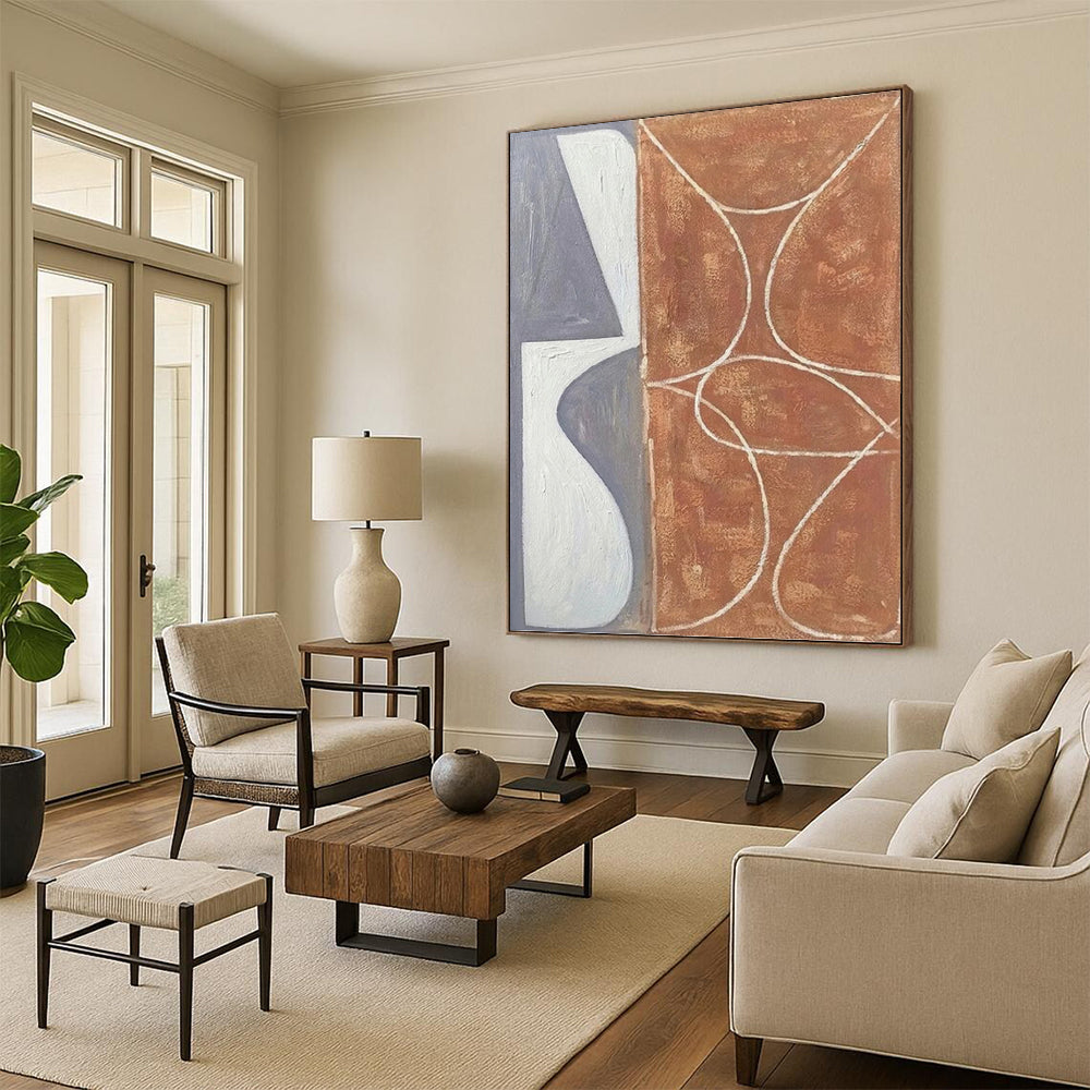 Gray, White, and Brown - Geometric and Curved Painting On Canvas DKH1138