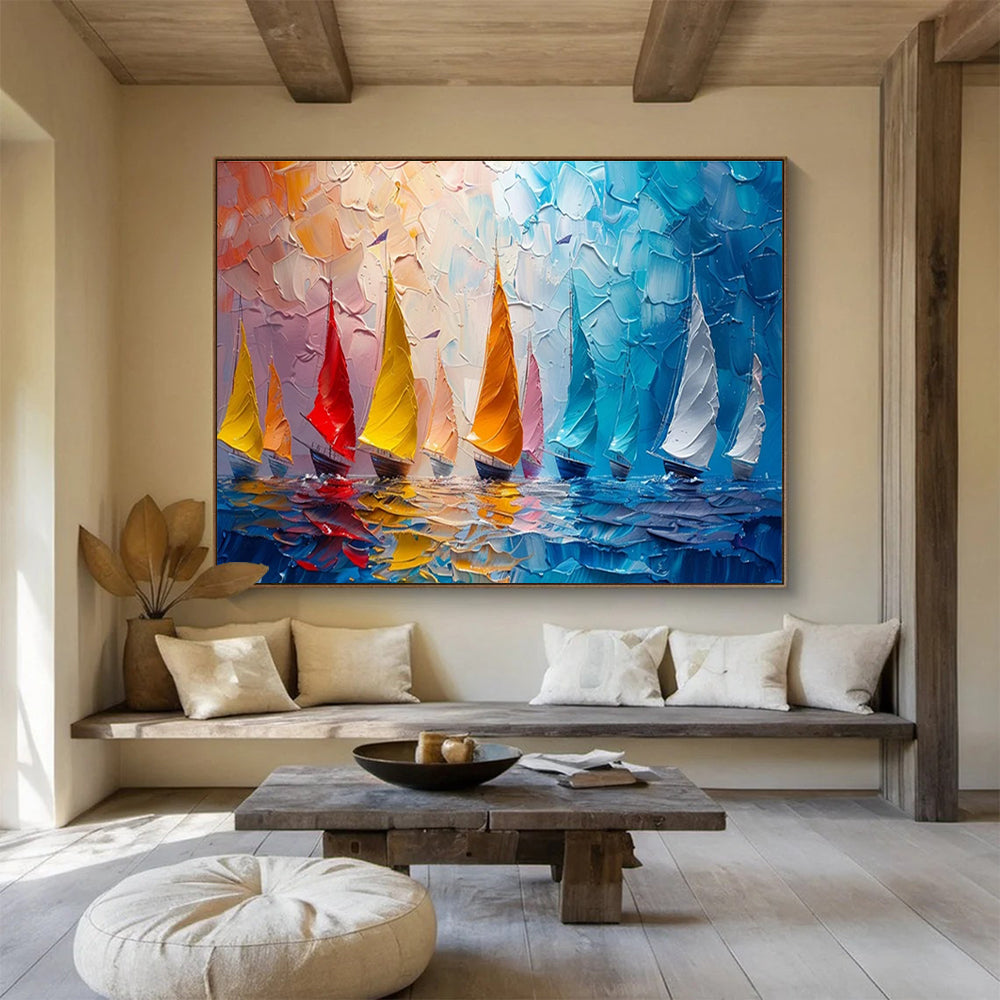 “Colorful Sailboats on Textured Sea” - Energetic Marine Painting On Canvas DKH800
