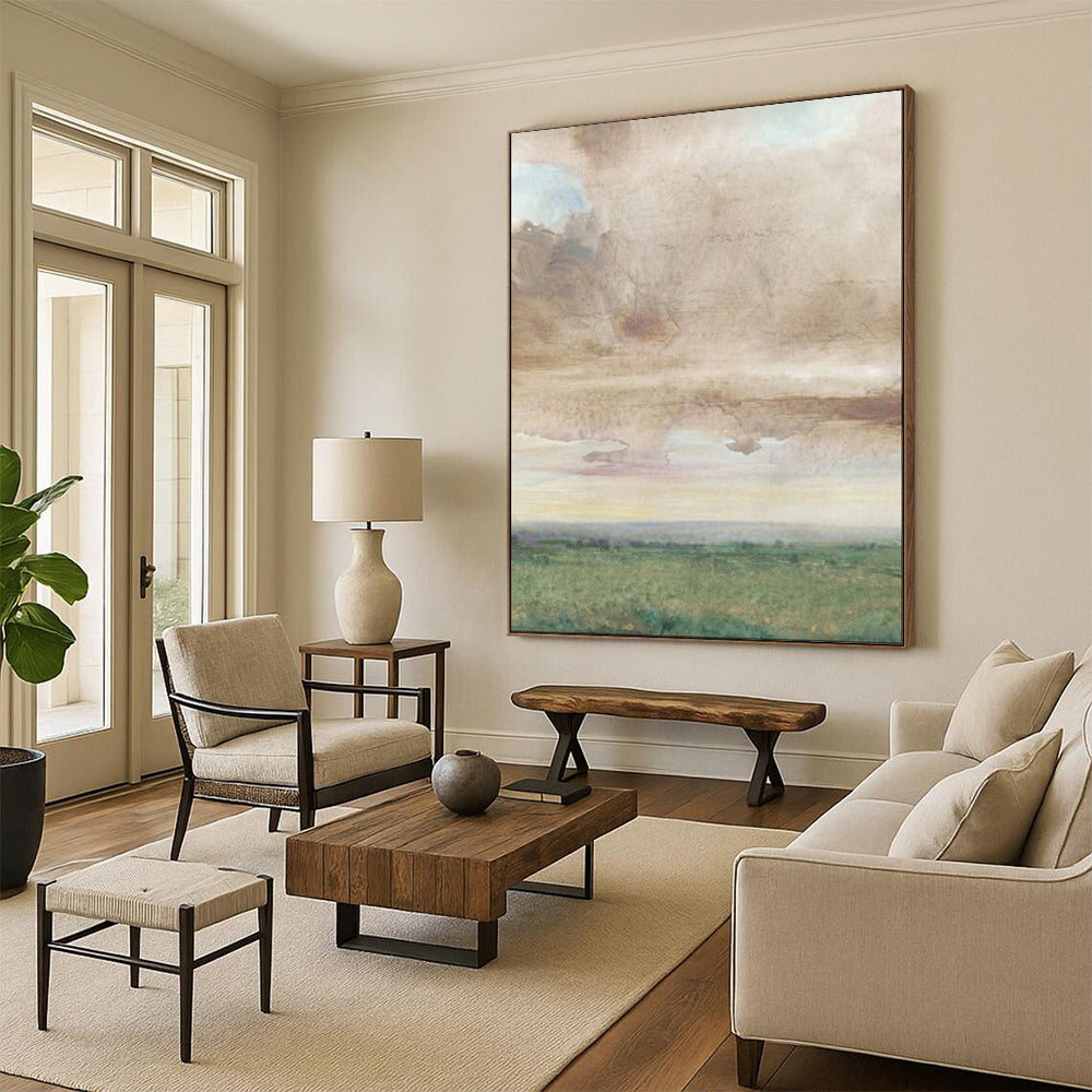 “Muted Sky Over Green Fields” – Watercolor Landscape Painting On Canvas CT2116