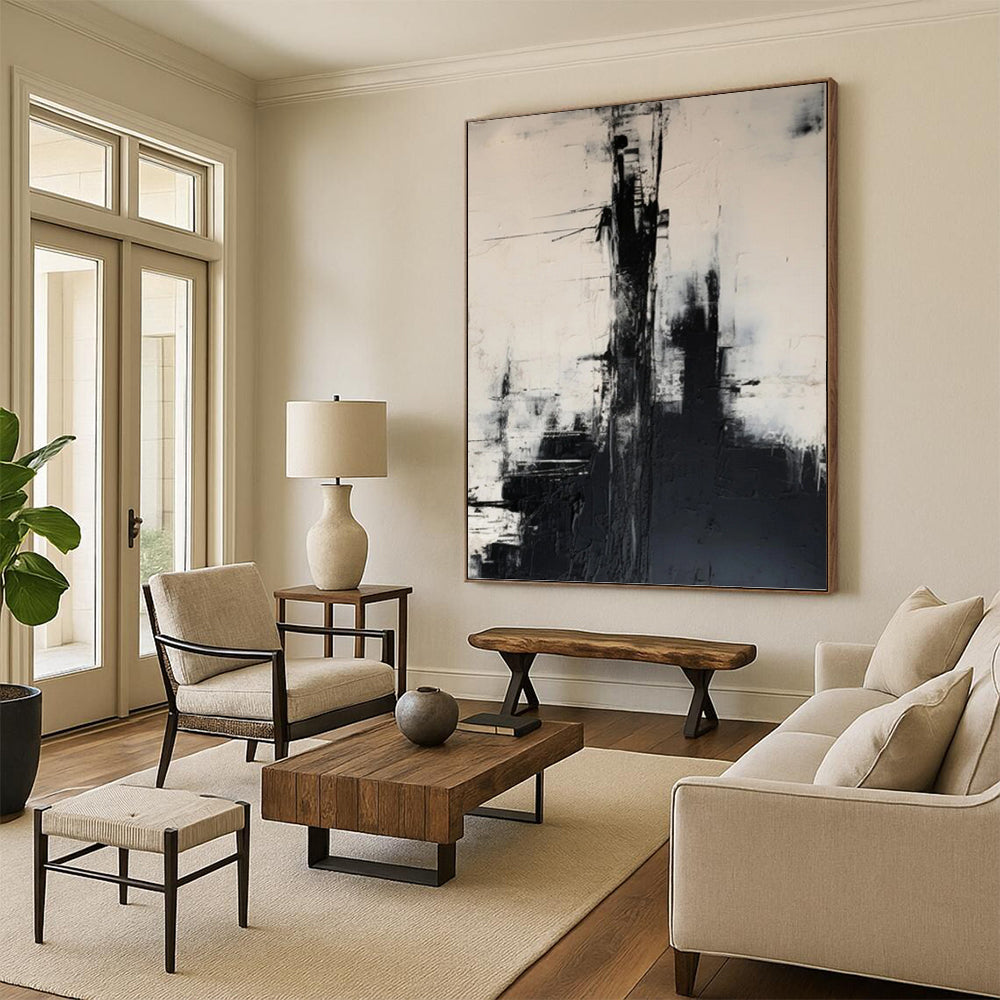 Black & White Urban Abstraction - Abstract Cityscape Painting On Canvas DKH1261