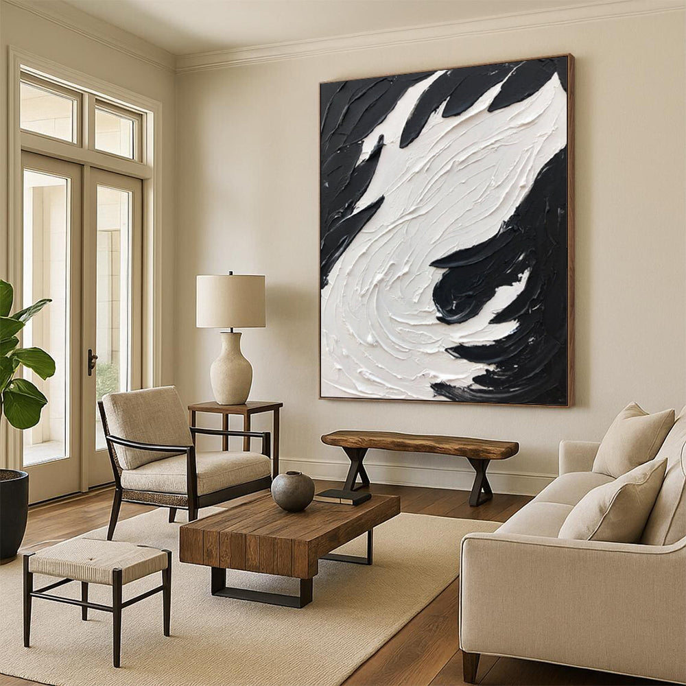 “Black, White Swirl ‘Tactile Tempest’” - Abstract Impasto Painting On Canvas DTP398