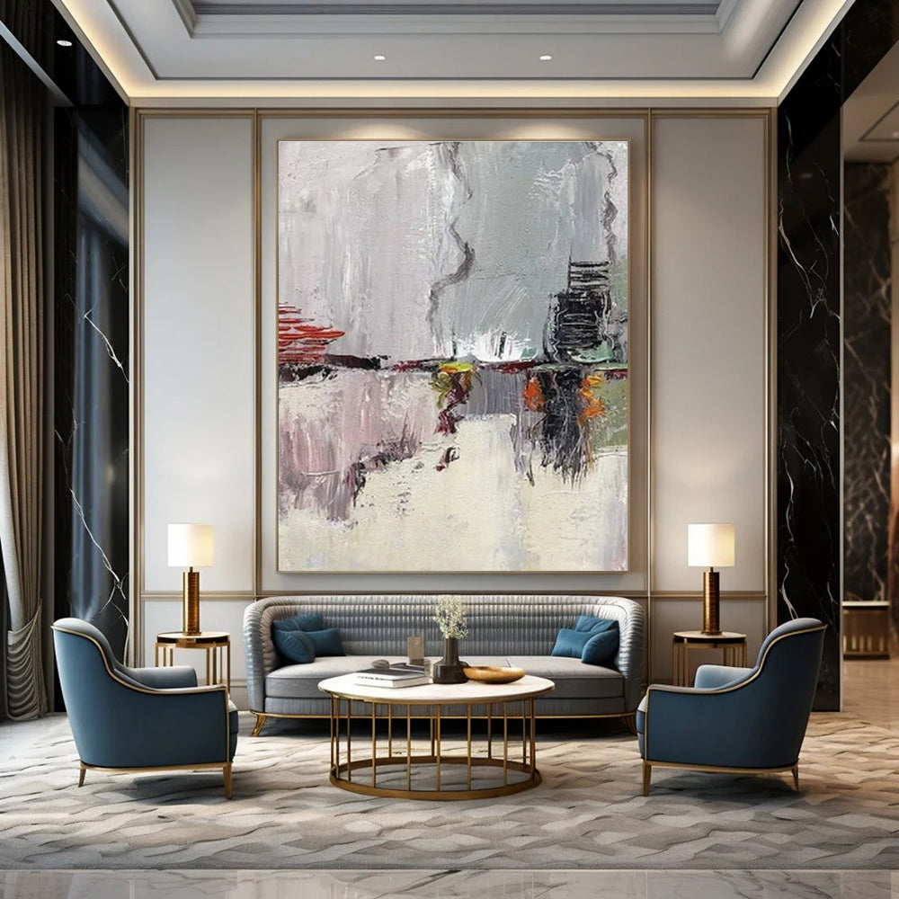 Grey, Red, Yellow & Green Abstract Cityscape - "Urban Impressions" - Abstract Oil Painting CT1459