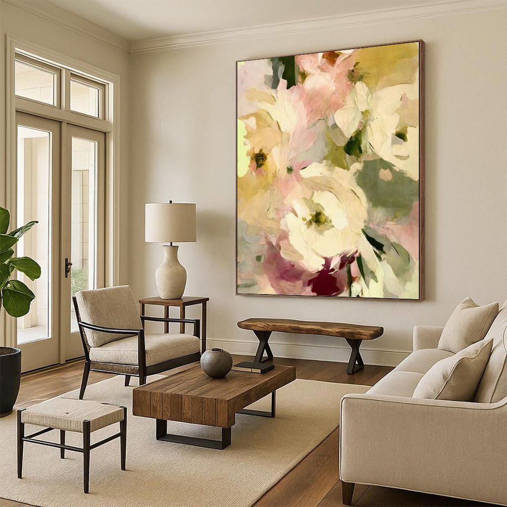 Pale Pink and Yellow Floral Bunch - Delicate Flower Painting On Canvas DKH1354