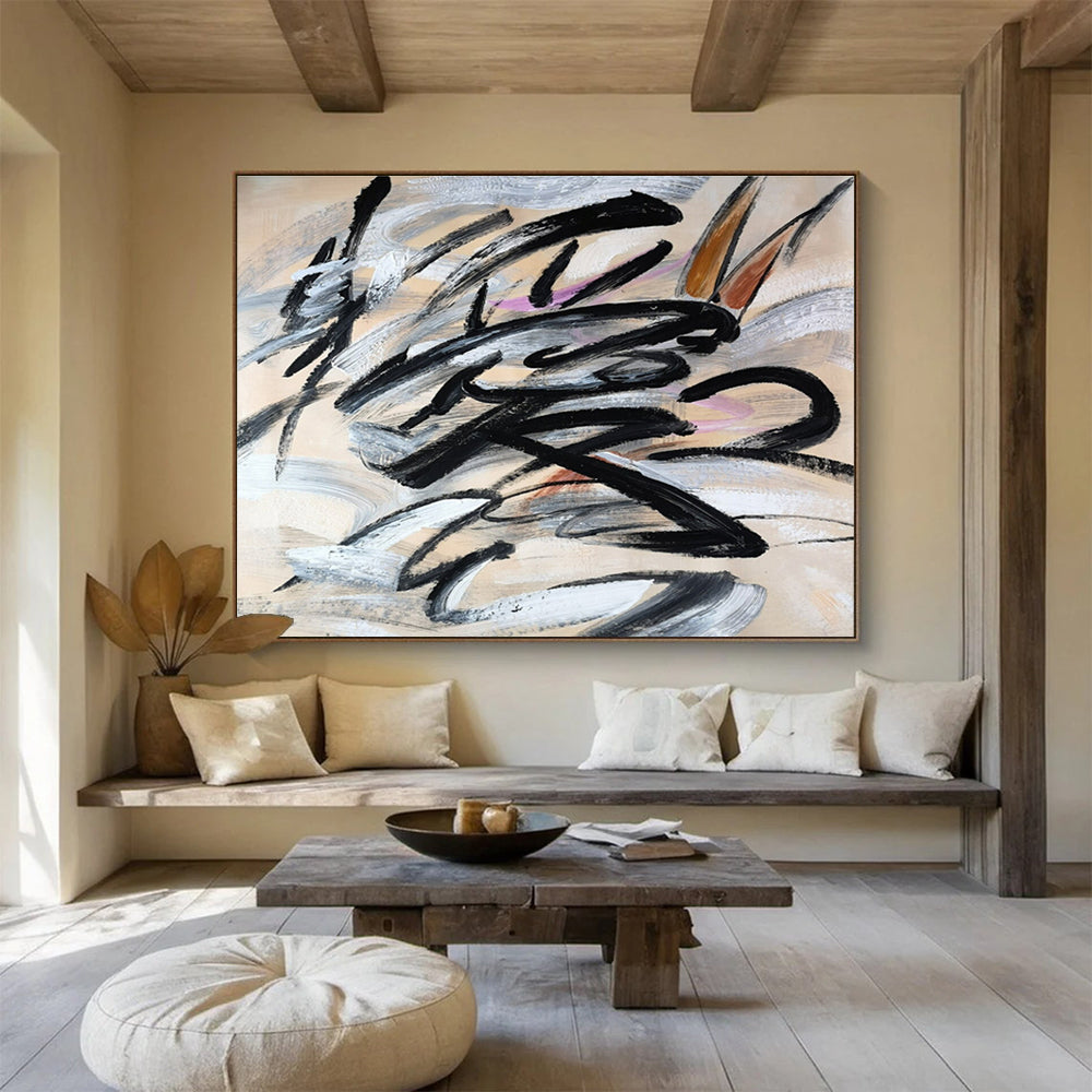 Dynamic Black and Gray Brushstroke Painting On Canvas DKH289