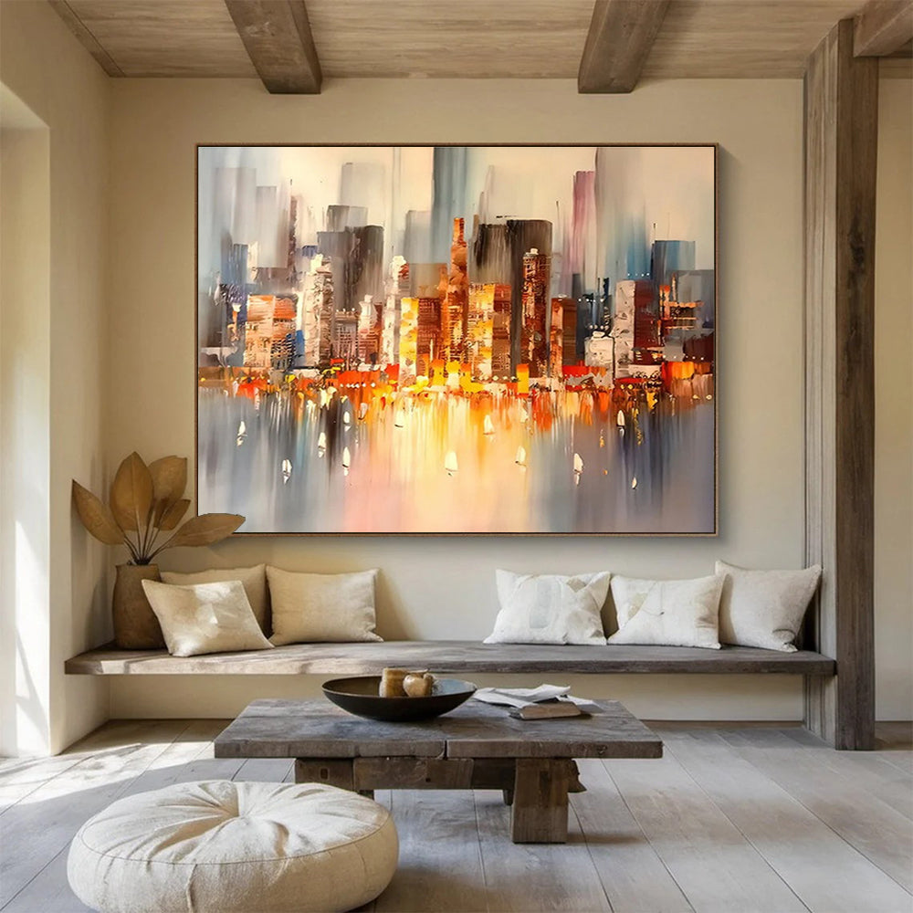 Colorful City Skyline - Gray, Orange & Blue Urban Painting On Canvas DKH899