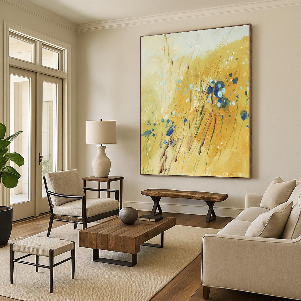 Yellow Field with Blue Blooms, "Sunny Meadow" - Impressionistic Abstract Painting CT0707