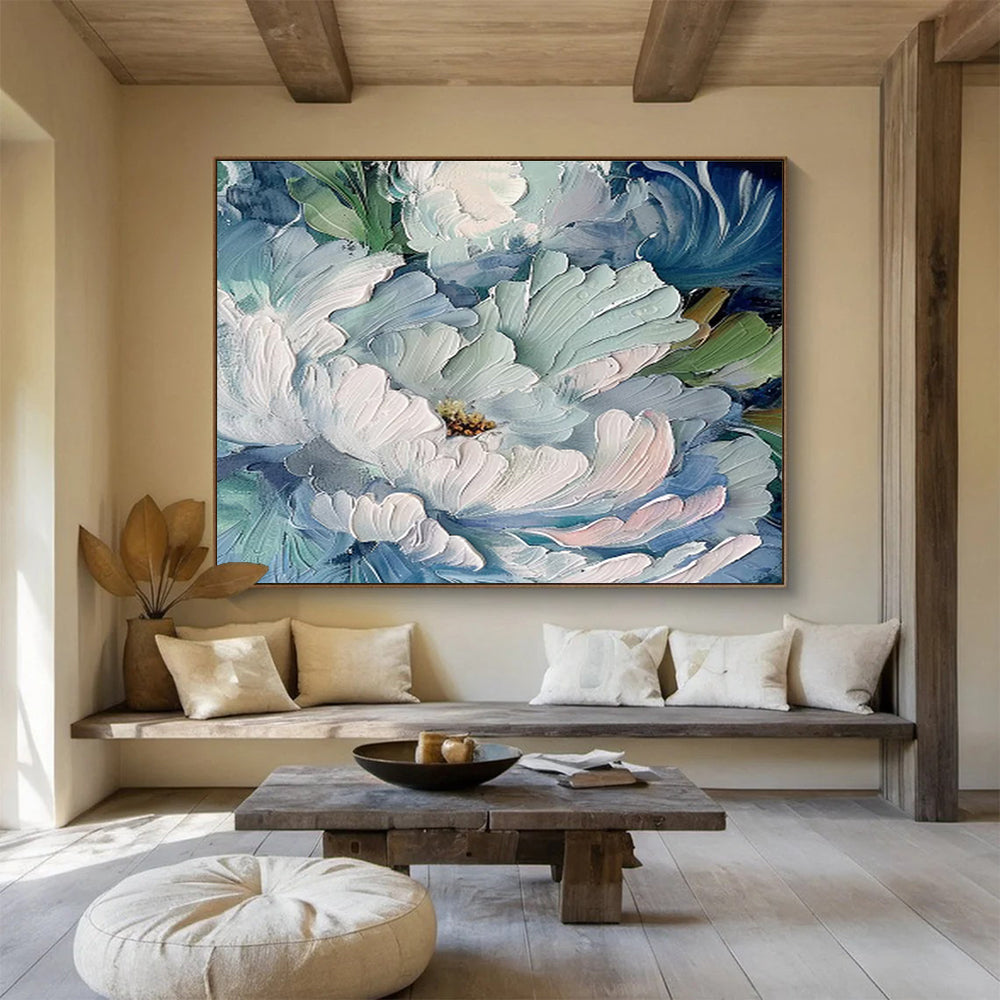 Textured Blue Peony Blooms Painting On Canvas DKH675