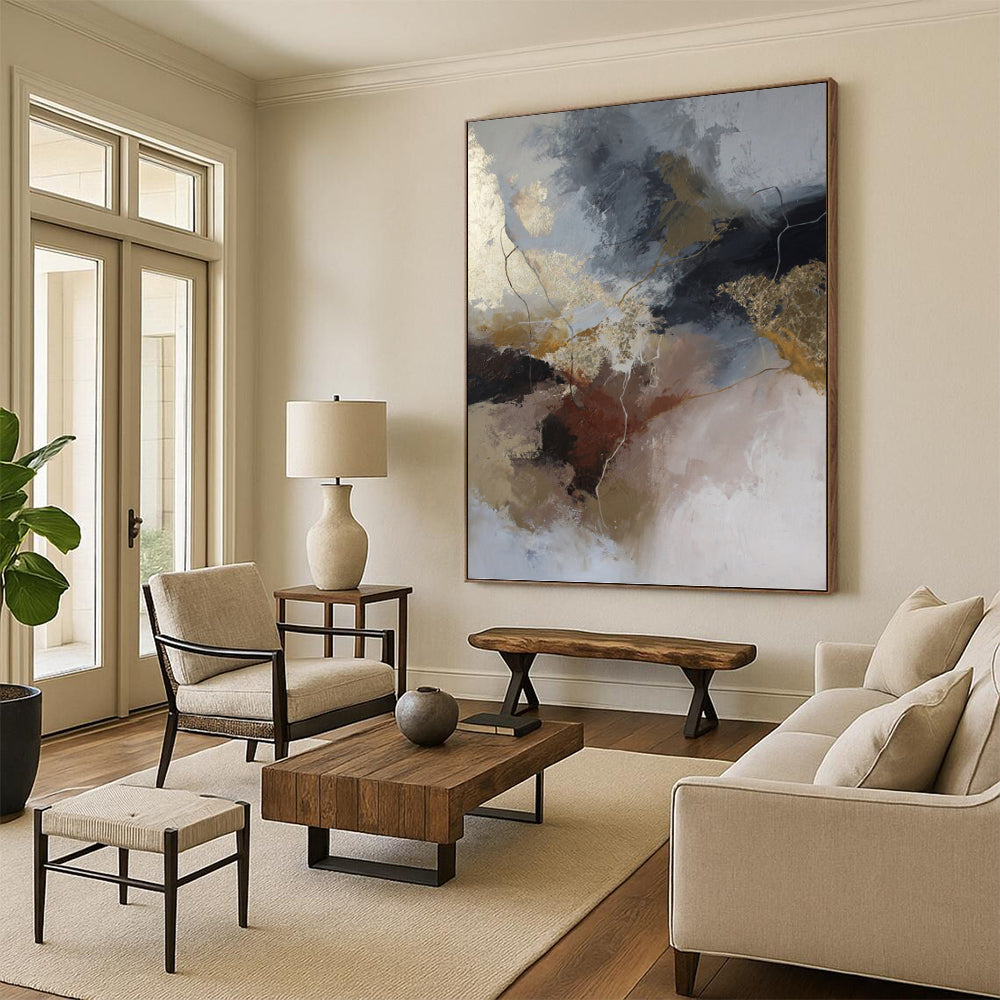 “Neutral & Gold Abstract Fusion” - Gray, Brown, Gold & White Expressionistic Painting On Canvas DKH1017