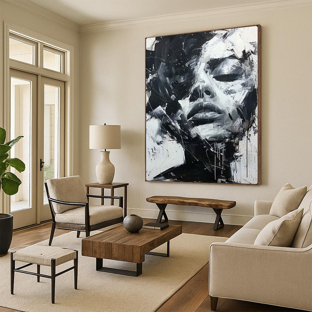 “Dynamic Black - and - White Abstract Face” – Expressive Impasto Portrait Painting On Canvas CT2139