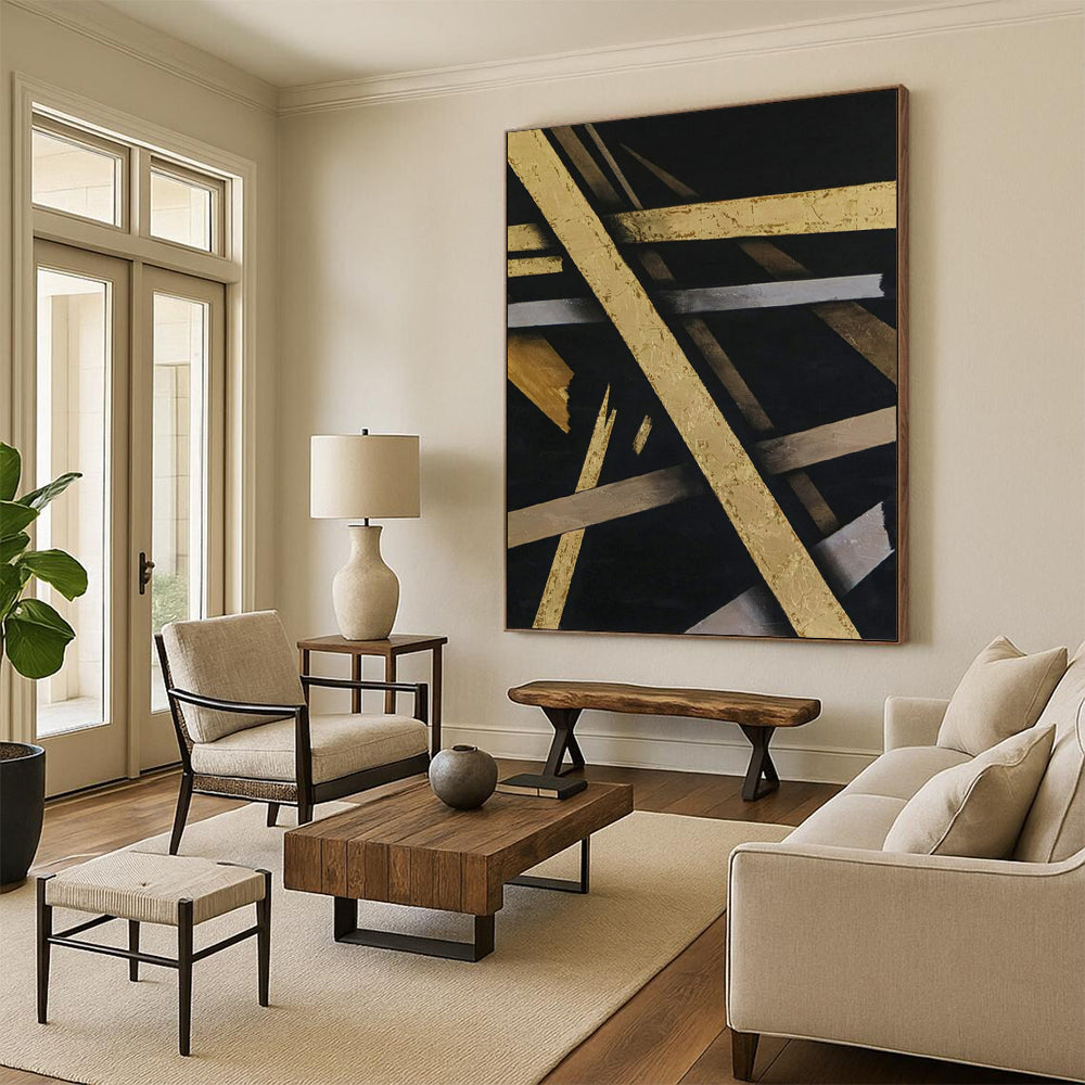 “Gilded Geometric Abstract - Gold, Silver, and Black” Painting On Canvas CT2388