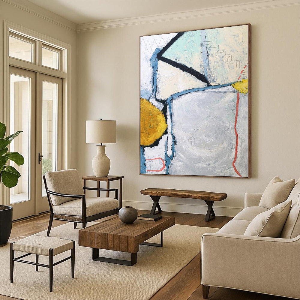 “Gray - Toned Abstract with Blue, Yellow, and Red Accents” - Dynamic Abstract Painting On Canvas DKH1105