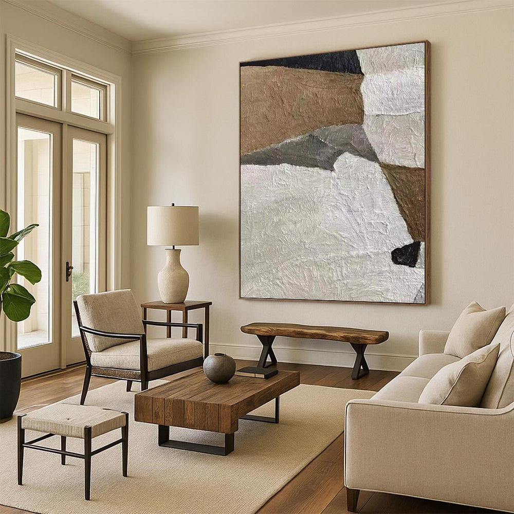Beige, Gray, and Black Textured Collage - Abstract Painting On Canvas DKH1140