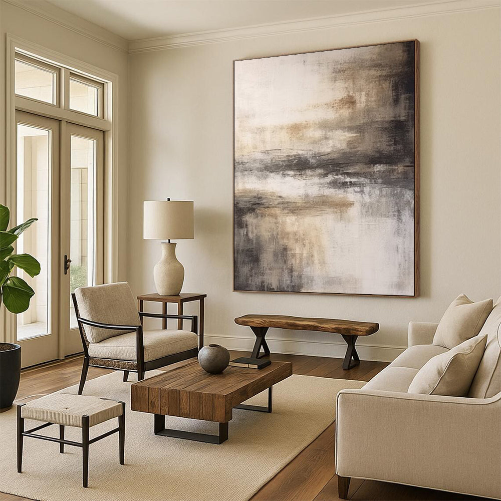 “Gray, Brown, White Abstract Landscape ‘Misty Memory’” - Impasto Landscape Painting On Canvas DTP362