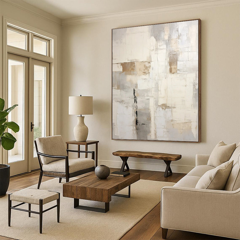 Neutral Grid Abstract - Abstract Geometric Painting On Canvas DKH1255