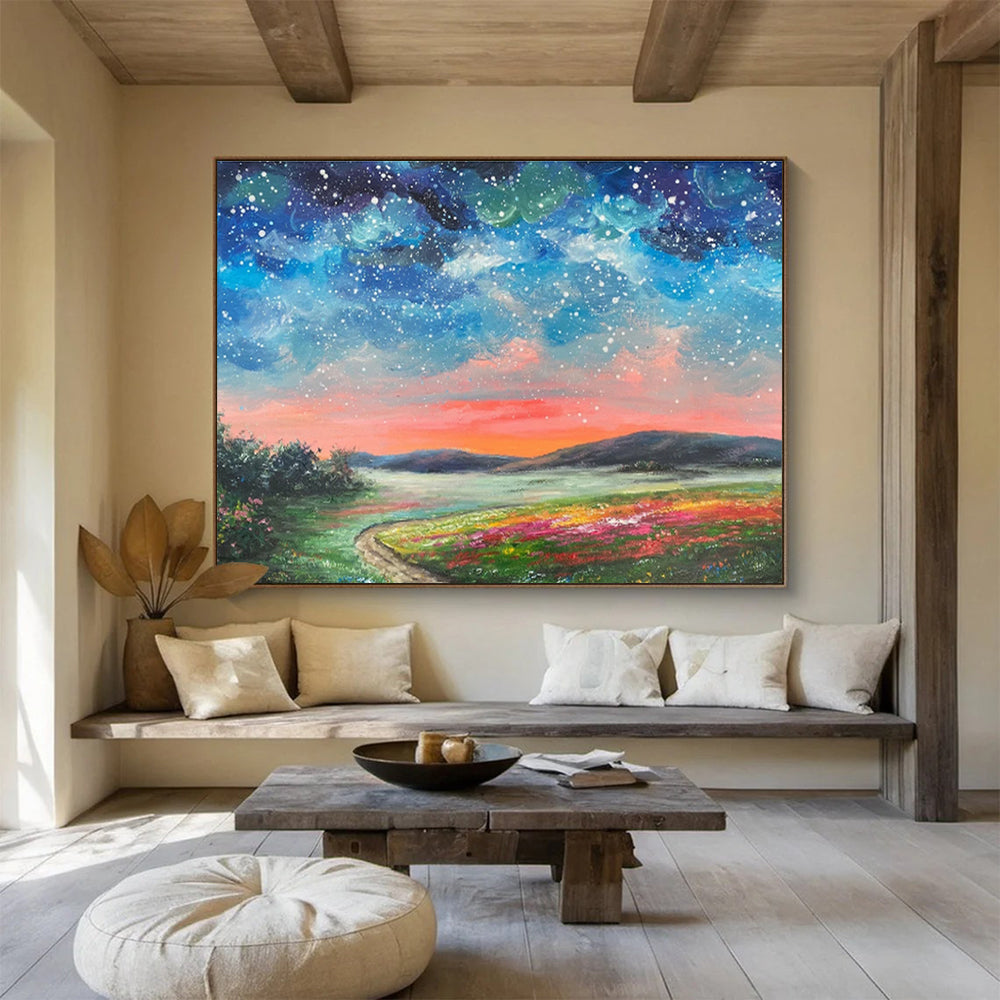 Starry Sky and Colorful Field “Enchanted Night Landscape” Painting On Canvas DKH122