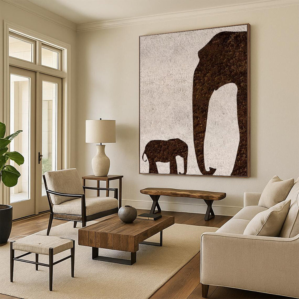 Brown Elephant Silhouette on Light Background - Animal - Themed Abstract Painting On Canvas DKH1329