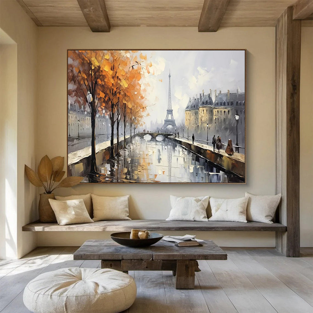 Autumn Paris River Scene with Eiffel Tower - Impressionist Landscape Painting On Canvas DLZ171