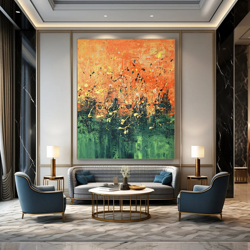 “Orange - Green Splatter Abstract” ,Abstract Expressionist Acrylic Painting CT0926