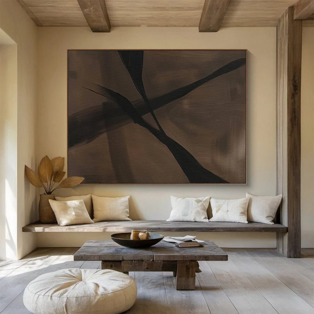 Dark Leaf Silhouettes in Brown and Black, Abstract Nature - Inspired Painting On Canvas DKH585