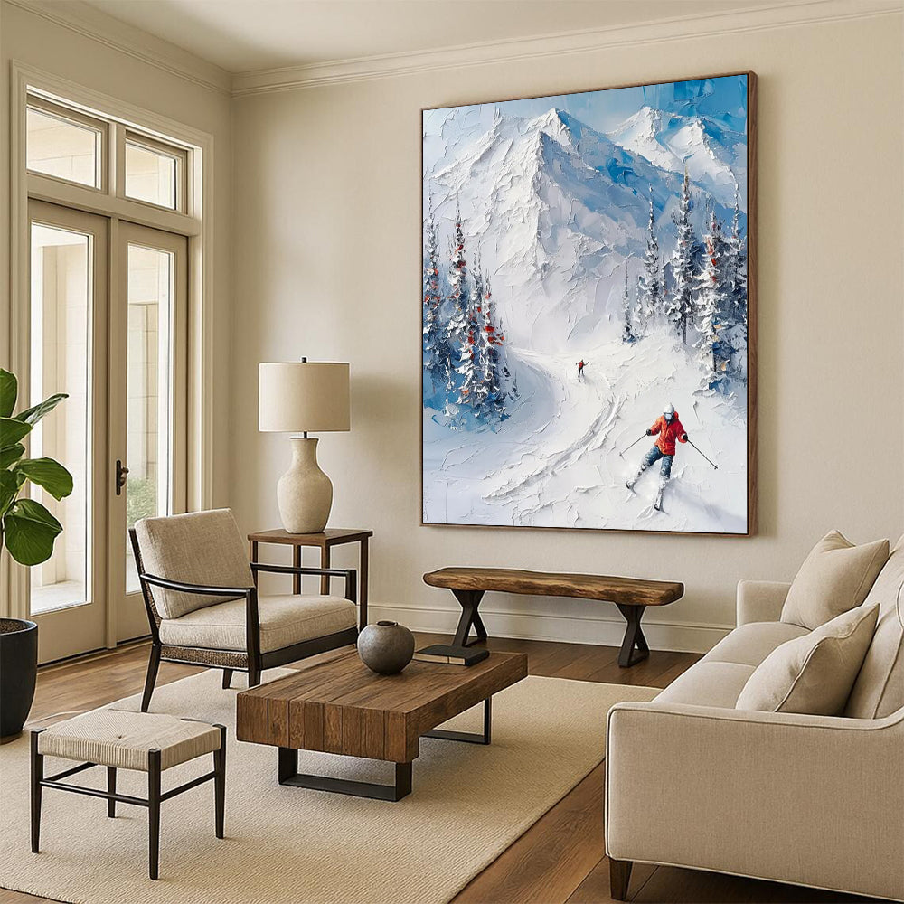 “White, Blue, Green Snowy Mountain ‘Ski Adventure’” - Impasto Landscape Painting On Canvas DTP313