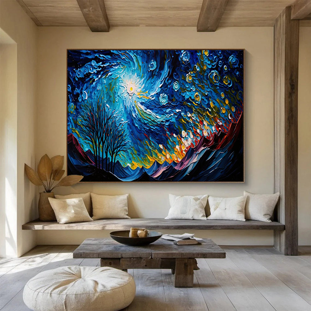 Swirling Starry Night - Blue, Yellow & White Abstract Sky Painting On Canvas DKH885