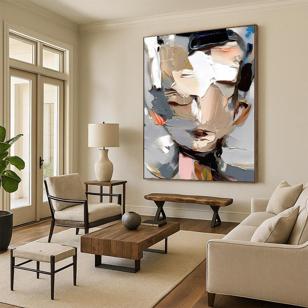 “Gray, White, Colorful Abstract Portrait ‘Fragmented Identity’” - Textured Figurative Painting On Canvas DTP320