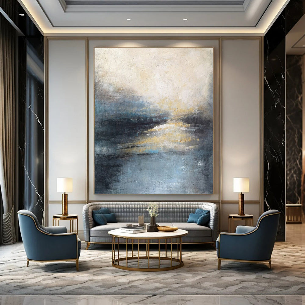 “Blue - Gray - Gold Abstract Waterscape” – Abstract Landscape Painting CT1155