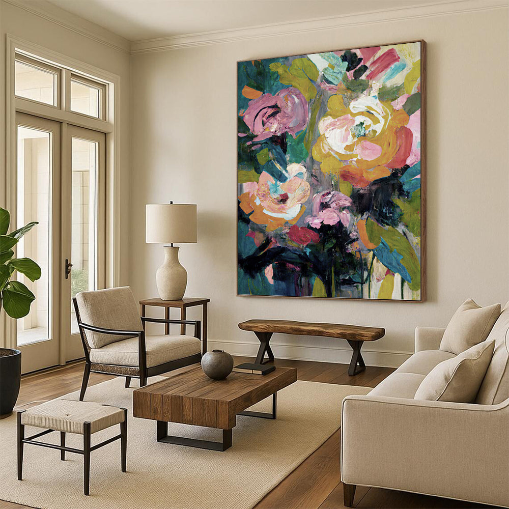 Colorful Floral Bouquet in Green Vase - Bold Flower Painting On Canvas DKH1355