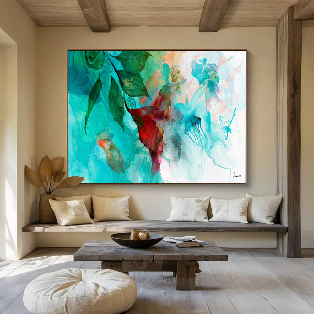 “Colorful Underwater - Floral Fusion” Watercolor - Style Fantasy Painting On Canvas DKH538