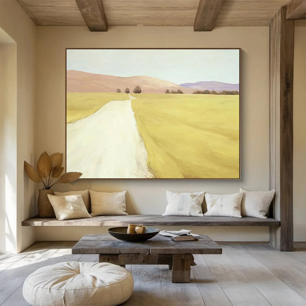 “Golden Path to Distant Hills” - Yellow, Beige, Purple Realistic Landscape Painting On Canvas DKH742