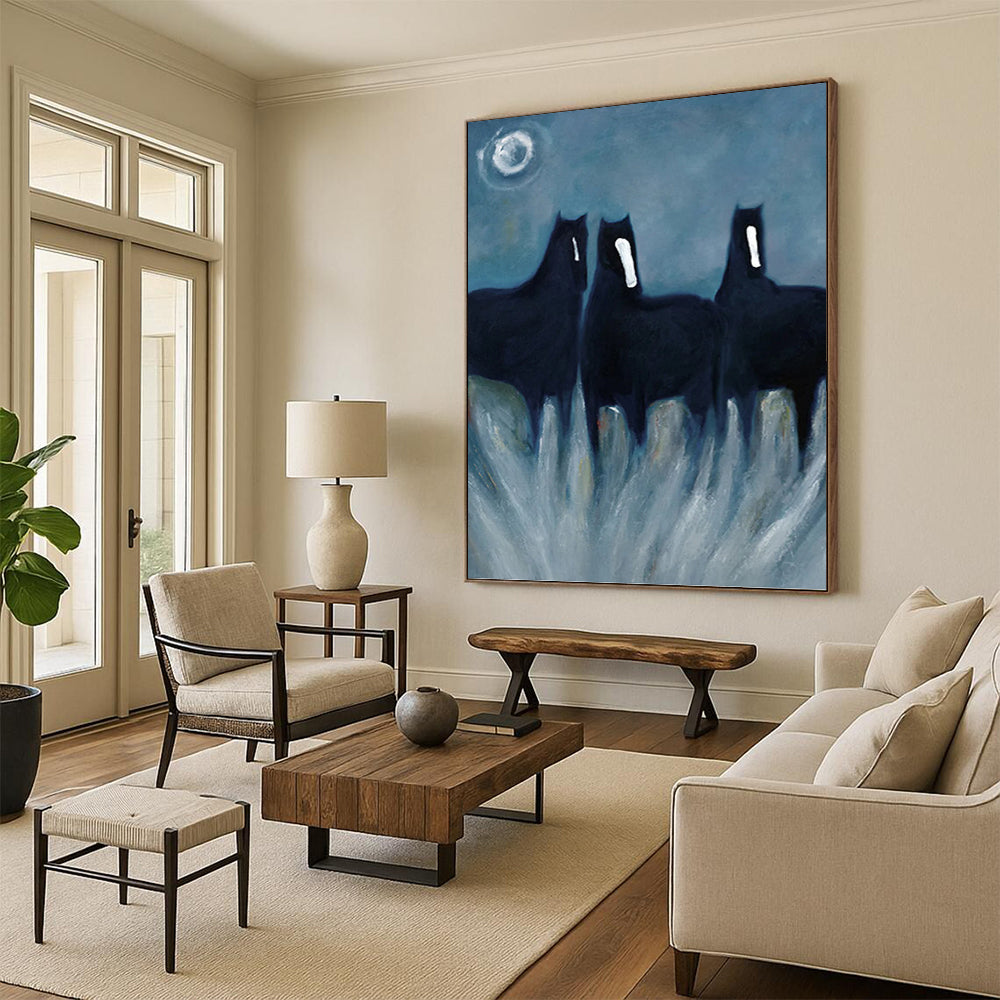 Mystical Black Horses in Tall Grass - Equine Painting On Canvas DKH1444