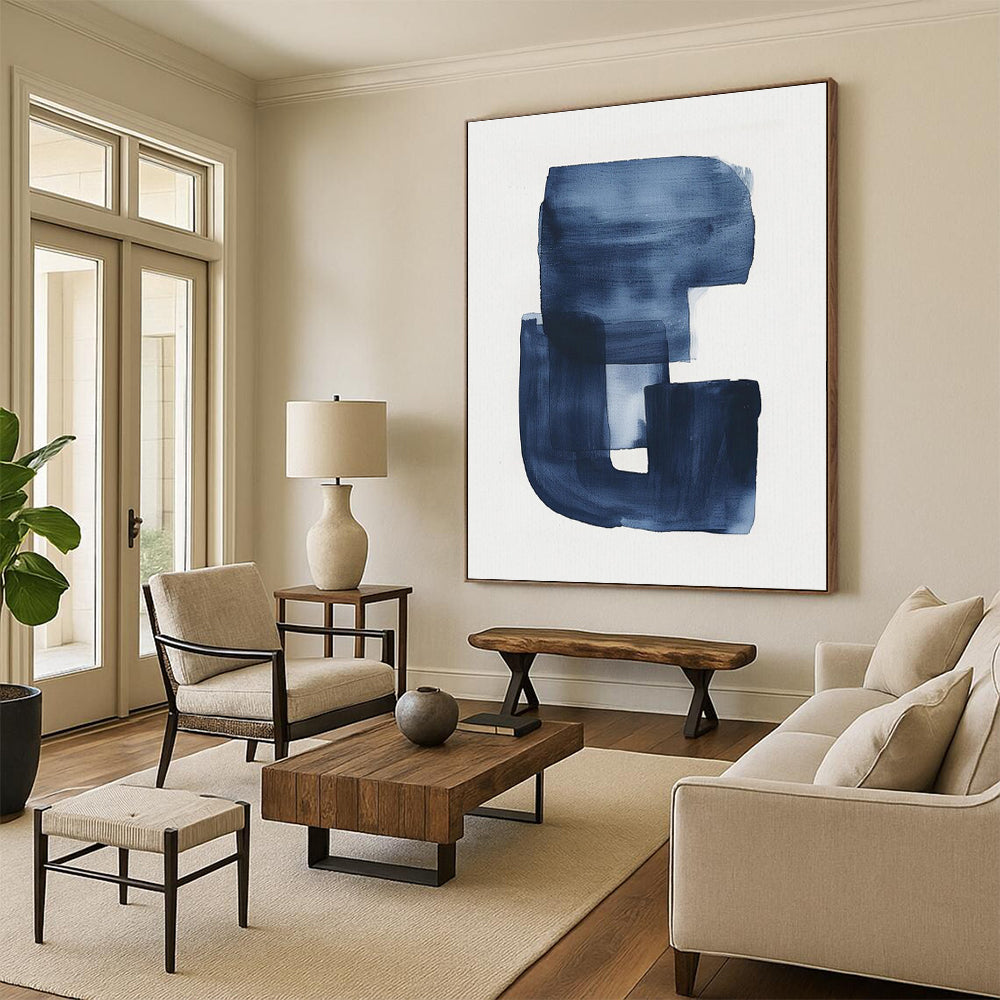Navy Blue Abstract “G” - Shaped Form, “Inky Monogram” - Abstract Ink Painting CT0749