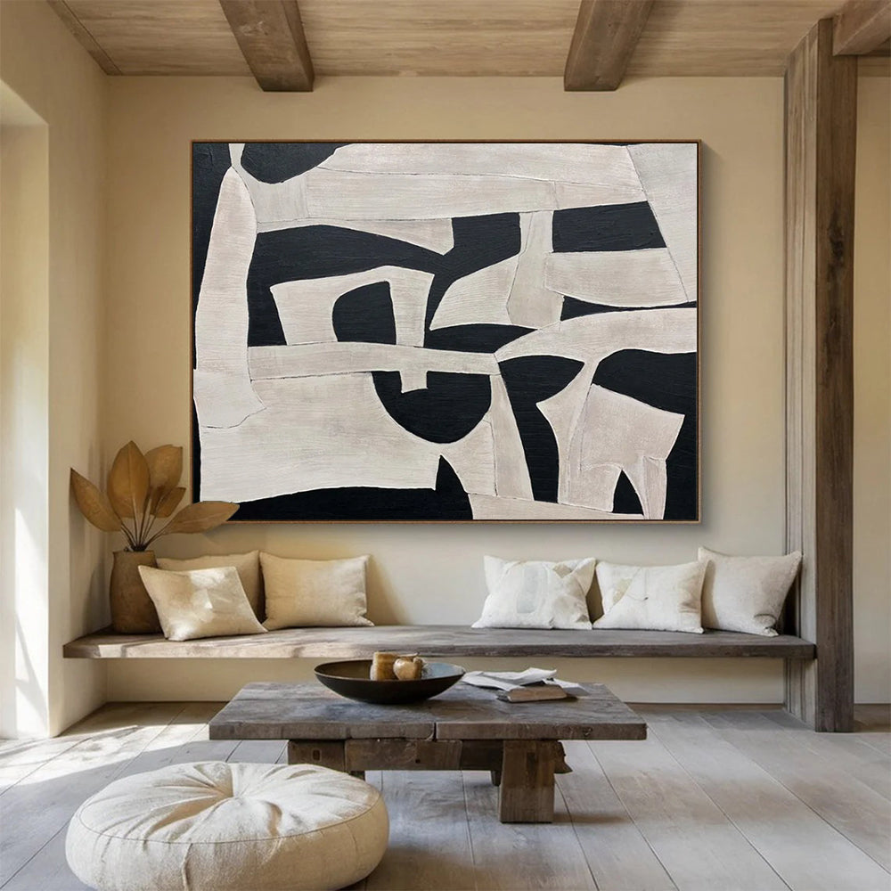 “Monochrome Geometric Shapes” Abstract Cubist Painting On Canvas DLZ093