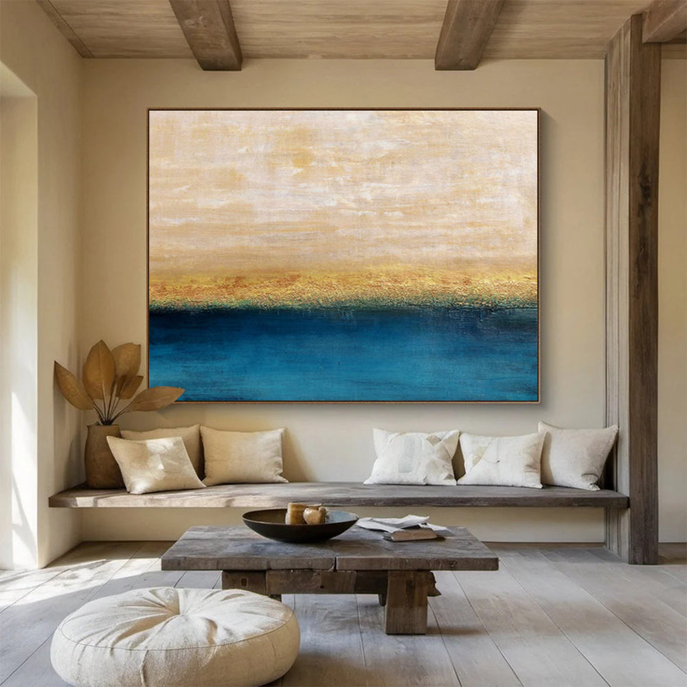 “Serene Horizon - Beiges, Golds, and Deep Blues” Painting On Canvas DKH017